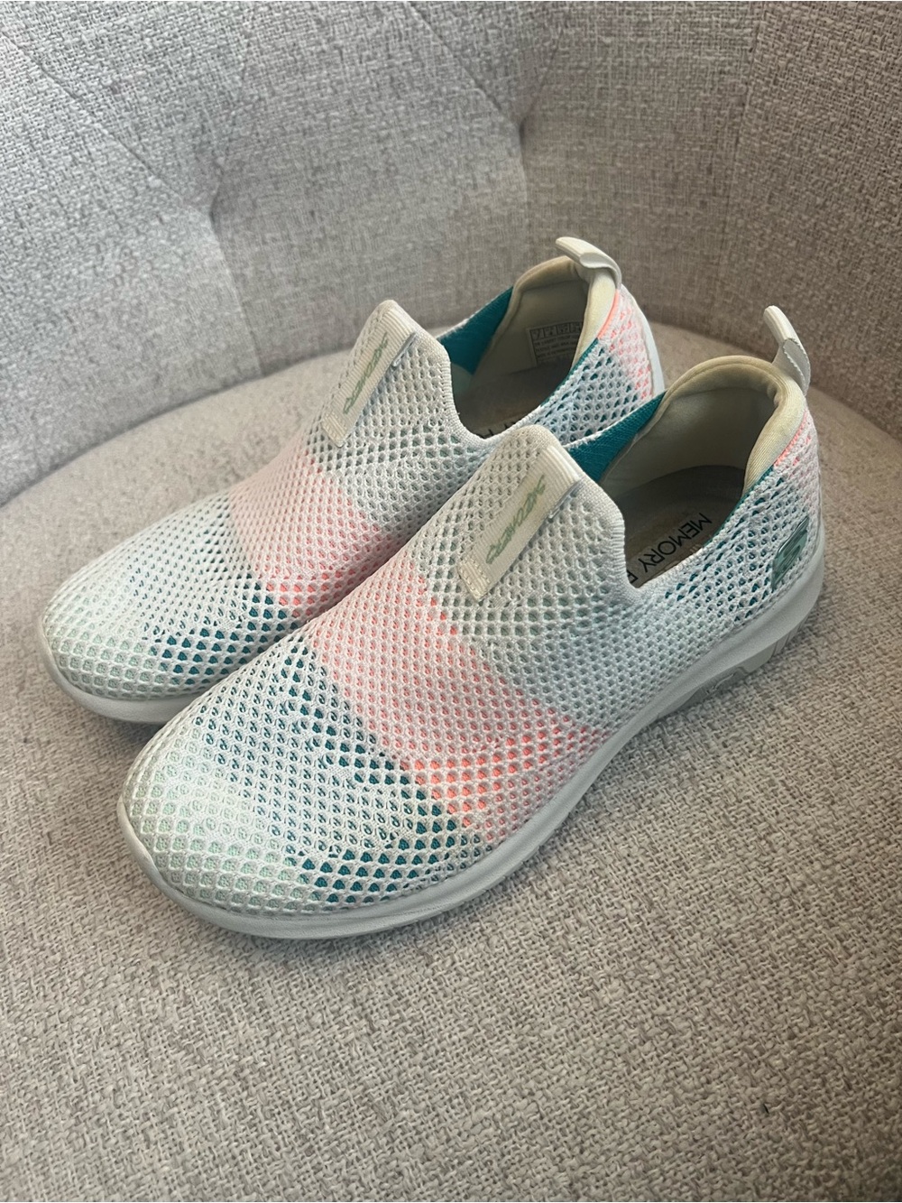 Skechers Air-Cooled Memory Foam Slip-On Sneakers White Rainbow Teal Mesh 7